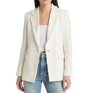 Mango | Women’s Cream Tweed Quintin Fringe Single Button Split Sleeve Blazer, S